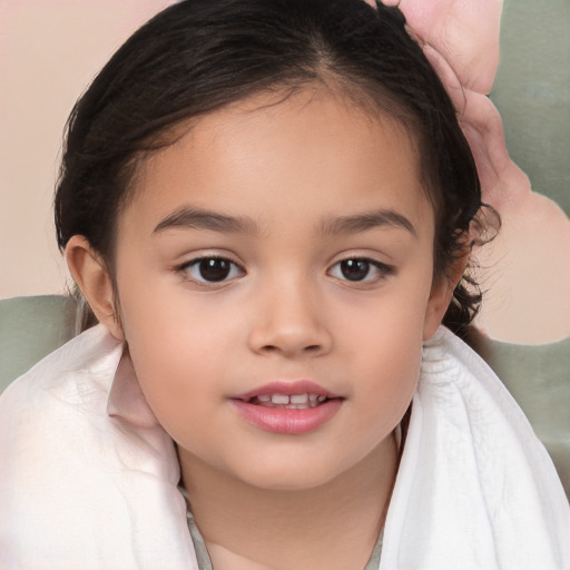 Joyful white child female with medium  brown hair and brown eyes