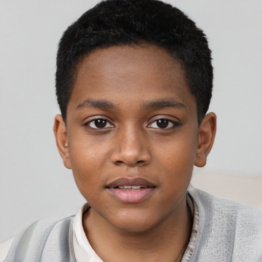 Joyful black child male with short  black hair and brown eyes