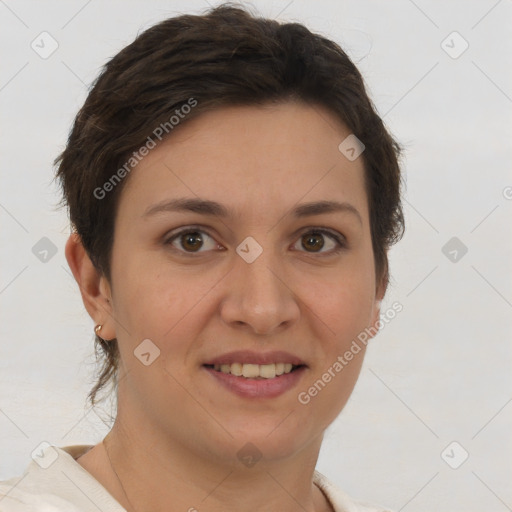 Joyful white young-adult female with short  brown hair and brown eyes