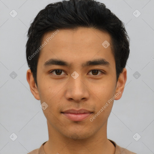 Neutral asian young-adult male with short  black hair and brown eyes