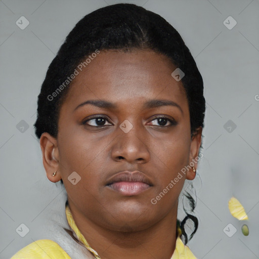 Neutral black young-adult female with short  brown hair and brown eyes