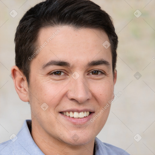 Joyful white adult male with short  brown hair and brown eyes