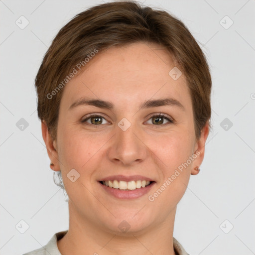 Joyful white young-adult female with short  brown hair and grey eyes