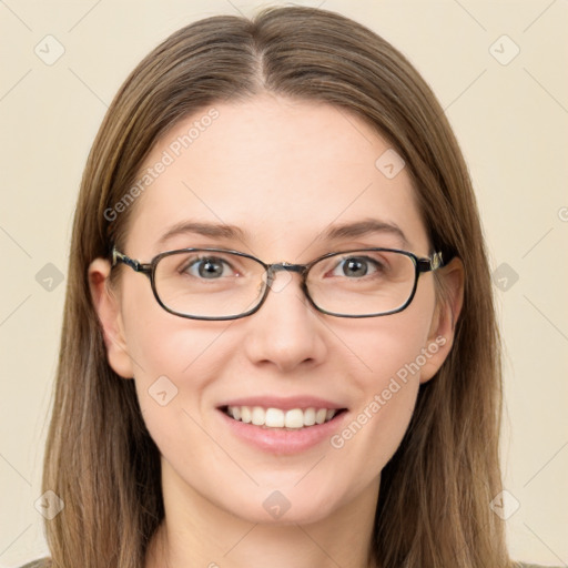 Joyful white young-adult female with long  brown hair and grey eyes