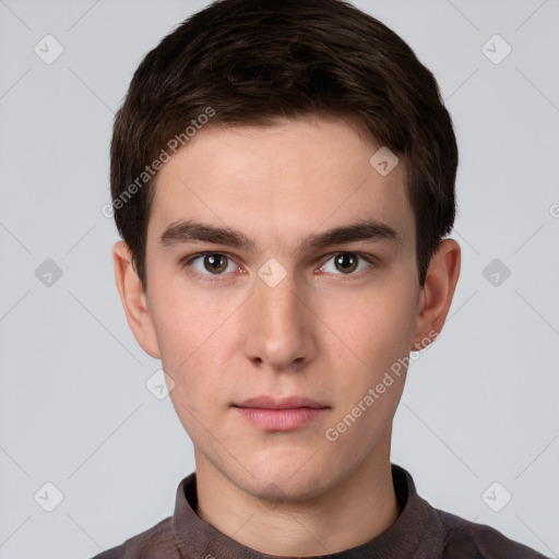 Neutral white young-adult male with short  brown hair and brown eyes