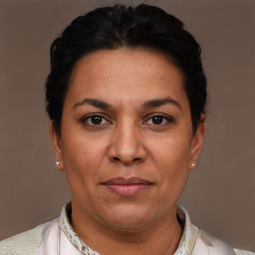 Joyful latino adult female with short  brown hair and brown eyes