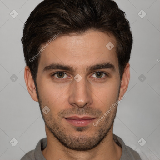 Neutral white young-adult male with short  brown hair and brown eyes