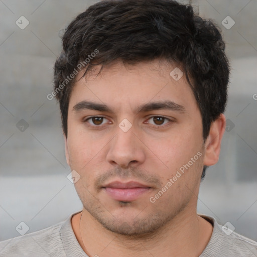 Neutral white young-adult male with short  black hair and brown eyes