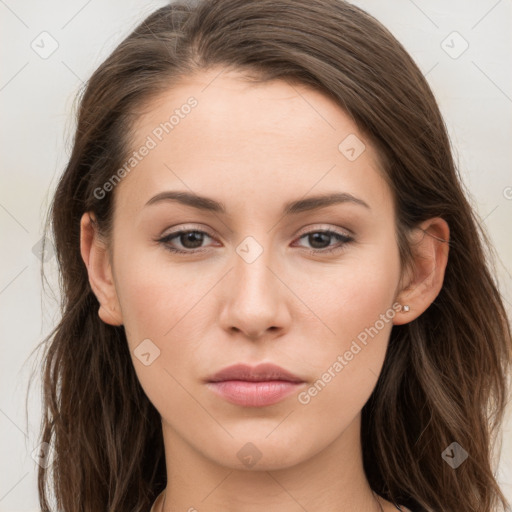 Neutral white young-adult female with long  brown hair and grey eyes