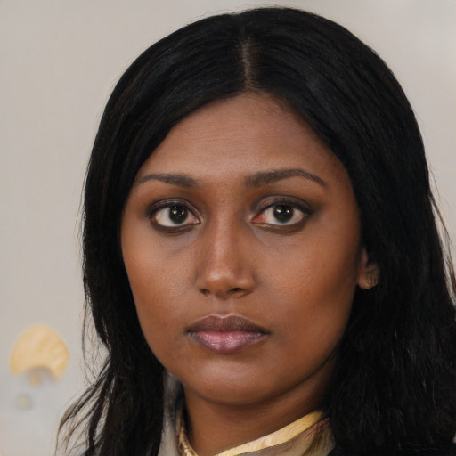 Neutral latino young-adult female with long  black hair and brown eyes