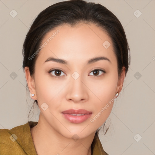 Neutral white young-adult female with medium  brown hair and brown eyes