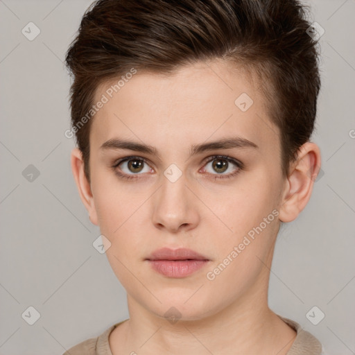 Neutral white young-adult female with short  brown hair and brown eyes