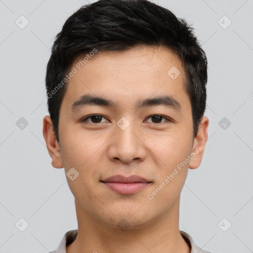 Joyful white young-adult male with short  black hair and brown eyes