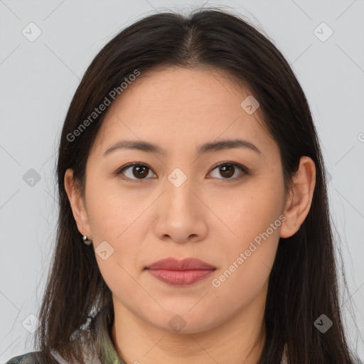 Joyful white young-adult female with long  brown hair and brown eyes