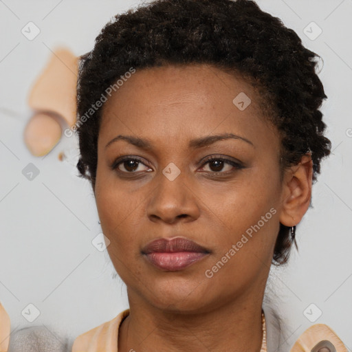 Neutral black young-adult female with short  black hair and brown eyes