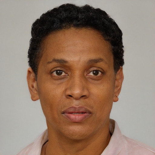 Neutral black adult female with short  black hair and brown eyes