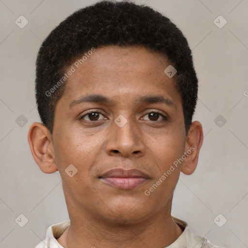 Joyful black young-adult male with short  brown hair and brown eyes