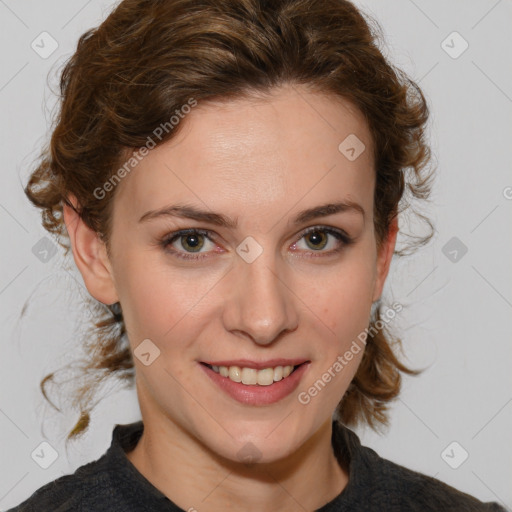 Joyful white young-adult female with medium  brown hair and green eyes