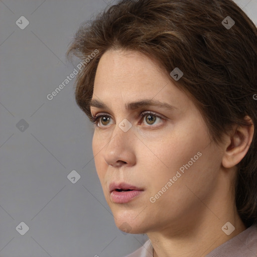 Neutral white young-adult female with short  brown hair and brown eyes