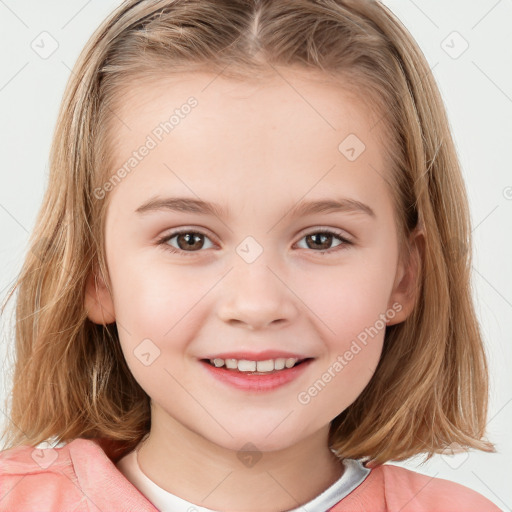 Joyful white child female with medium  brown hair and brown eyes