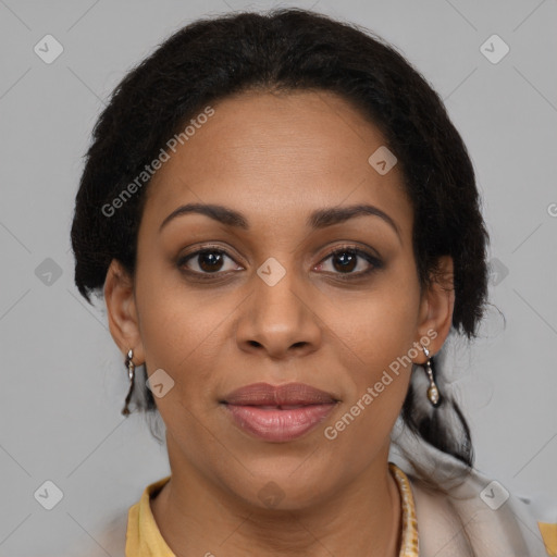 Joyful black young-adult female with medium  brown hair and brown eyes