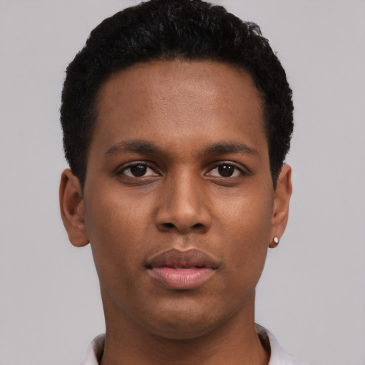 Neutral black young-adult male with short  black hair and brown eyes