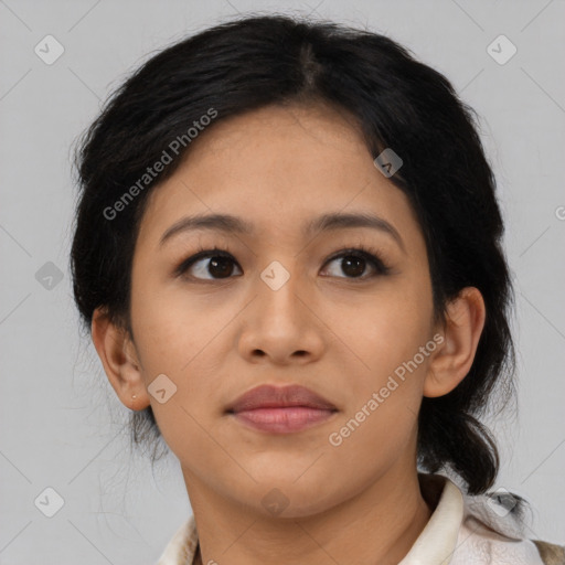 Joyful asian young-adult female with medium  black hair and brown eyes