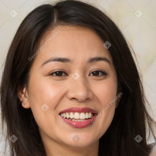 Joyful white young-adult female with long  brown hair and brown eyes