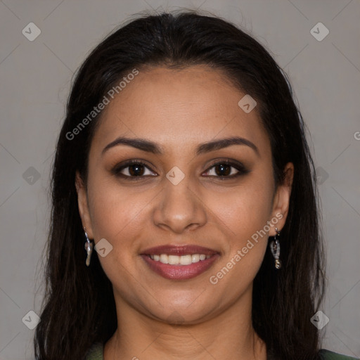 Joyful white young-adult female with long  brown hair and brown eyes