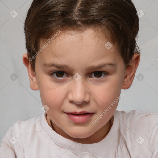 Joyful white child female with short  brown hair and brown eyes