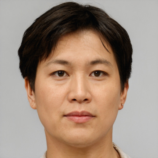 Neutral asian adult male with short  brown hair and brown eyes