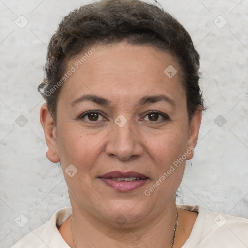 Joyful white adult female with short  brown hair and brown eyes