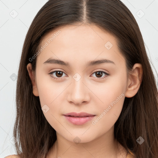 Neutral white young-adult female with long  brown hair and brown eyes