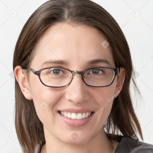 Joyful white young-adult female with medium  brown hair and grey eyes