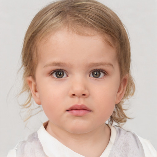 Neutral white child female with medium  brown hair and blue eyes