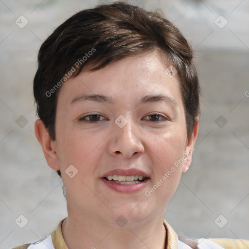 Joyful white young-adult female with short  brown hair and brown eyes