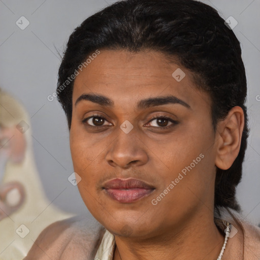 Joyful latino young-adult female with short  black hair and brown eyes