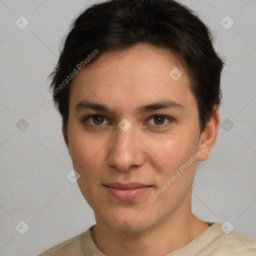 Neutral white young-adult female with short  brown hair and brown eyes