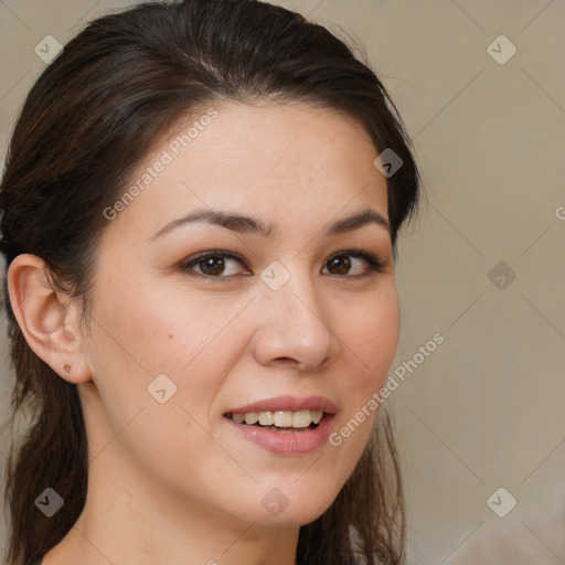 Joyful white young-adult female with long  brown hair and brown eyes