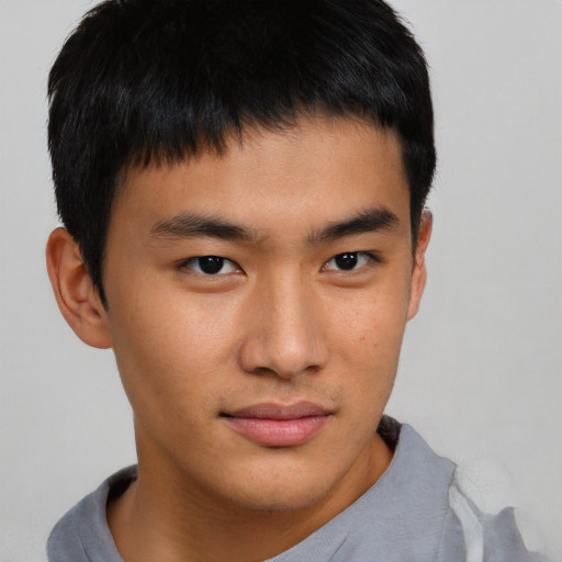 Neutral asian young-adult male with short  brown hair and brown eyes