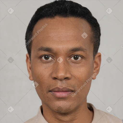 Neutral black young-adult male with short  black hair and brown eyes