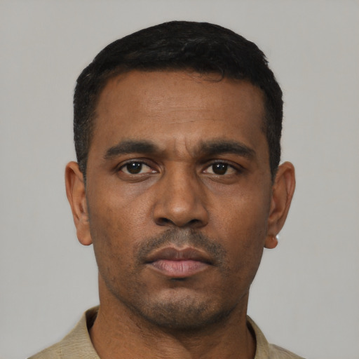Neutral black young-adult male with short  black hair and brown eyes