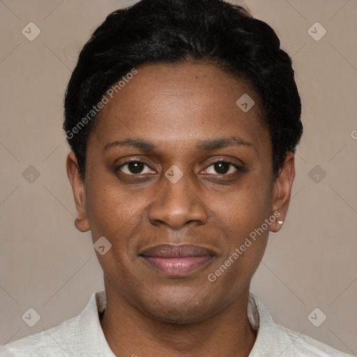 Joyful latino young-adult female with short  black hair and brown eyes