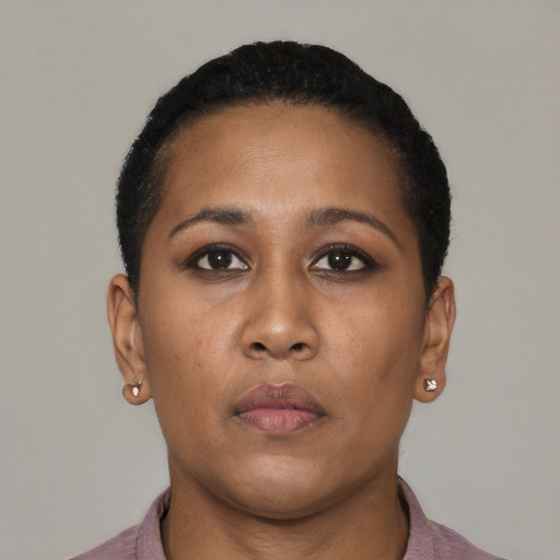 Neutral black young-adult female with short  brown hair and brown eyes