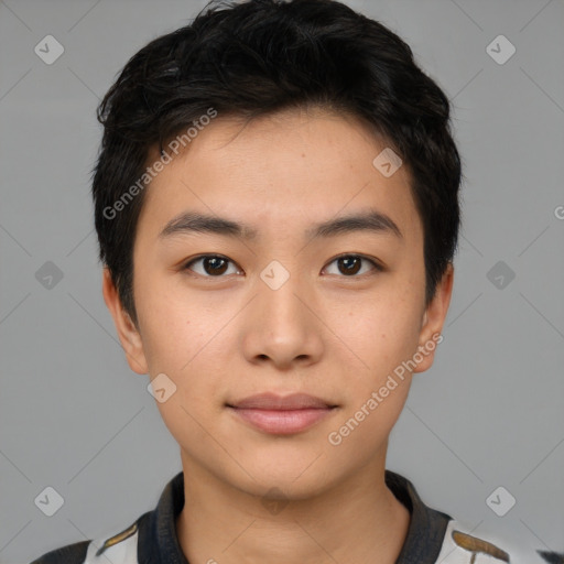 Neutral asian young-adult male with short  brown hair and brown eyes
