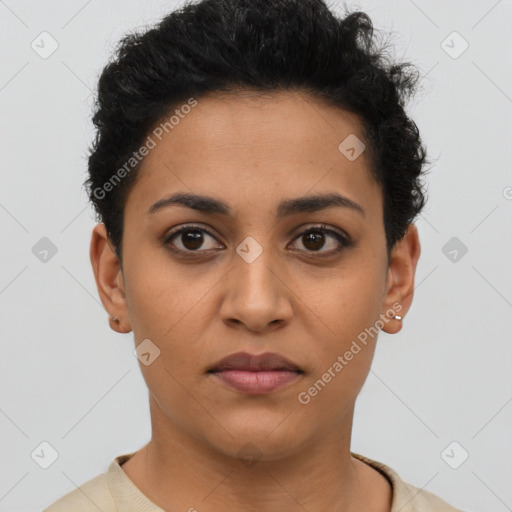 Joyful latino young-adult female with short  brown hair and brown eyes