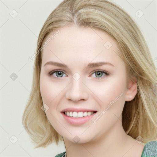 Joyful white young-adult female with medium  brown hair and green eyes