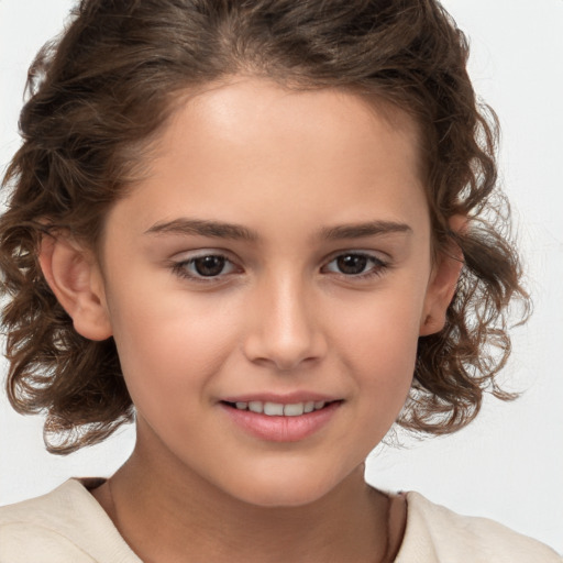 Joyful white child female with medium  brown hair and brown eyes