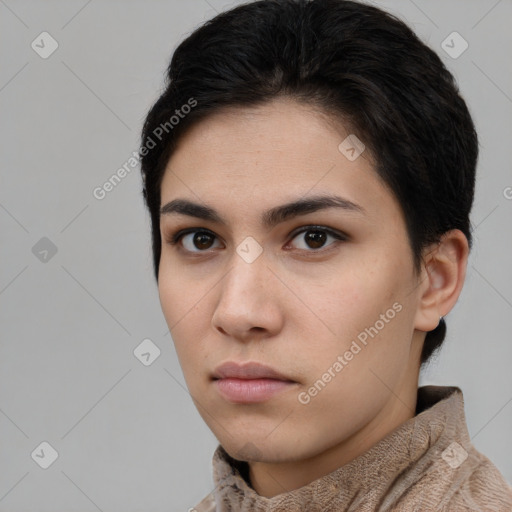 Neutral white young-adult female with short  brown hair and brown eyes