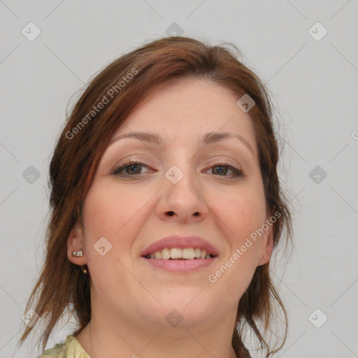 Joyful white young-adult female with medium  brown hair and grey eyes